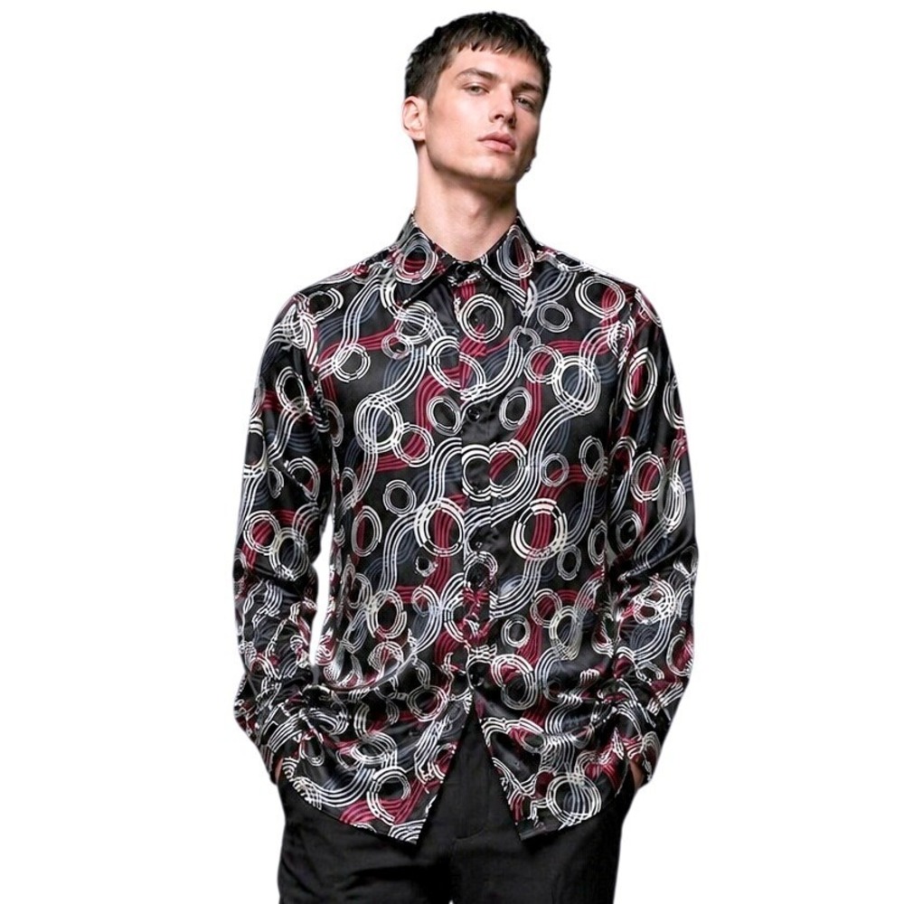 Vintage Couture The Clothing Co Mens L Shirt Volta Made in USA Op Art Satin Y2K